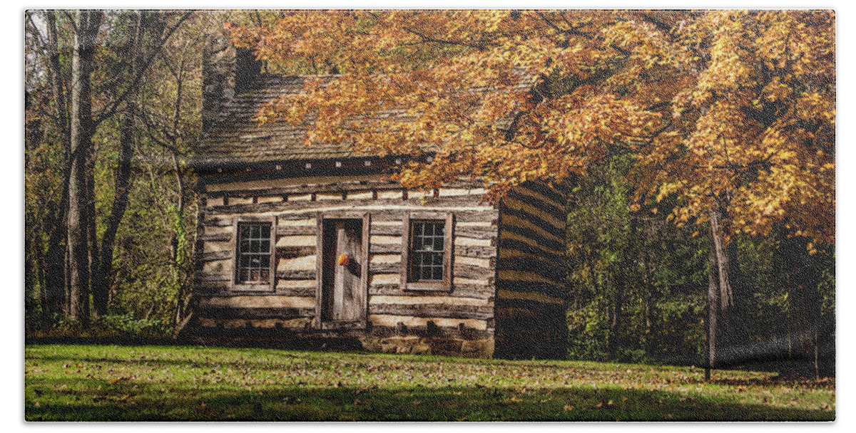 Fall Beach Towel featuring the photograph Log Cabin--Fall by Don Johnson
