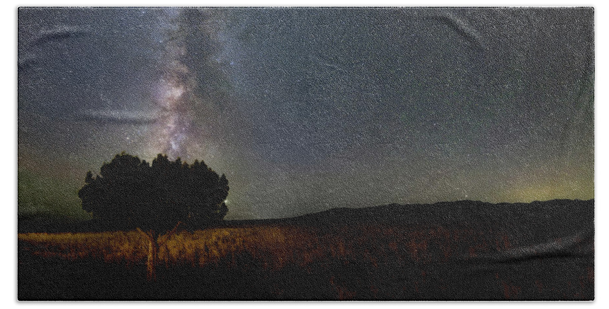 Tree Beach Sheet featuring the photograph Lone Tree and Milky Way by Michael Ash