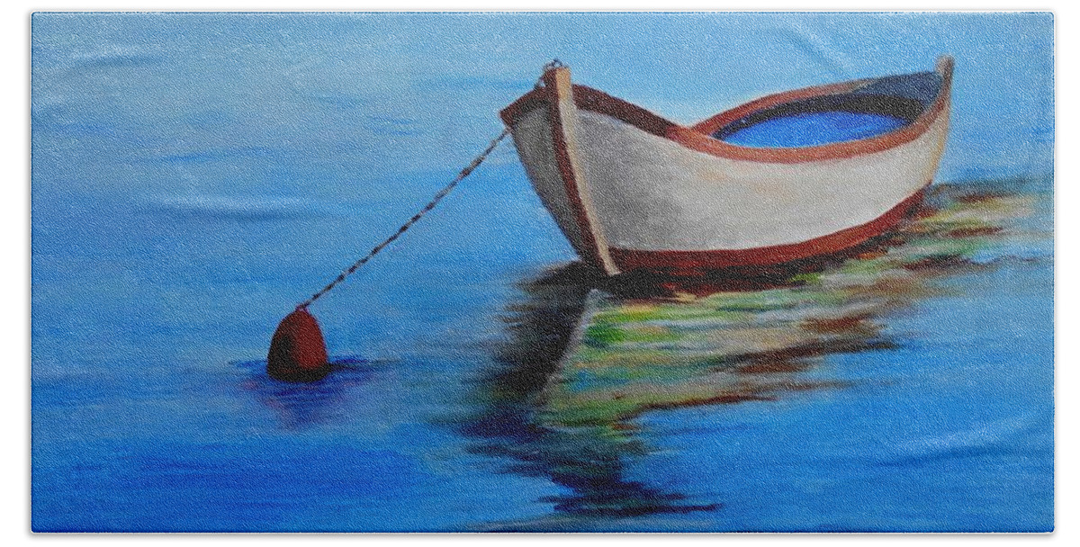 Sea Beach Towel featuring the painting Lonely fishing boat by Konstantinos Charalampopoulos