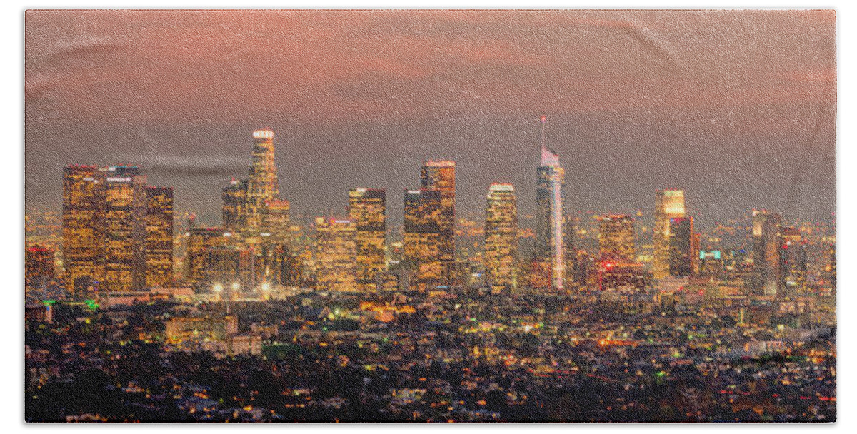Los Angeles Skyline Beach Towel featuring the photograph Los Angeles Skyline at Dusk Sunset by Jon Holiday