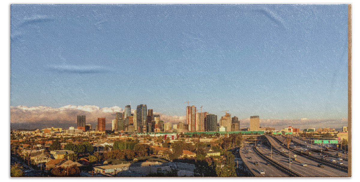 Los Angeles Beach Towel featuring the photograph Los Angeles Skyline Looking East Panorama 2.9.19 by Gene Parks