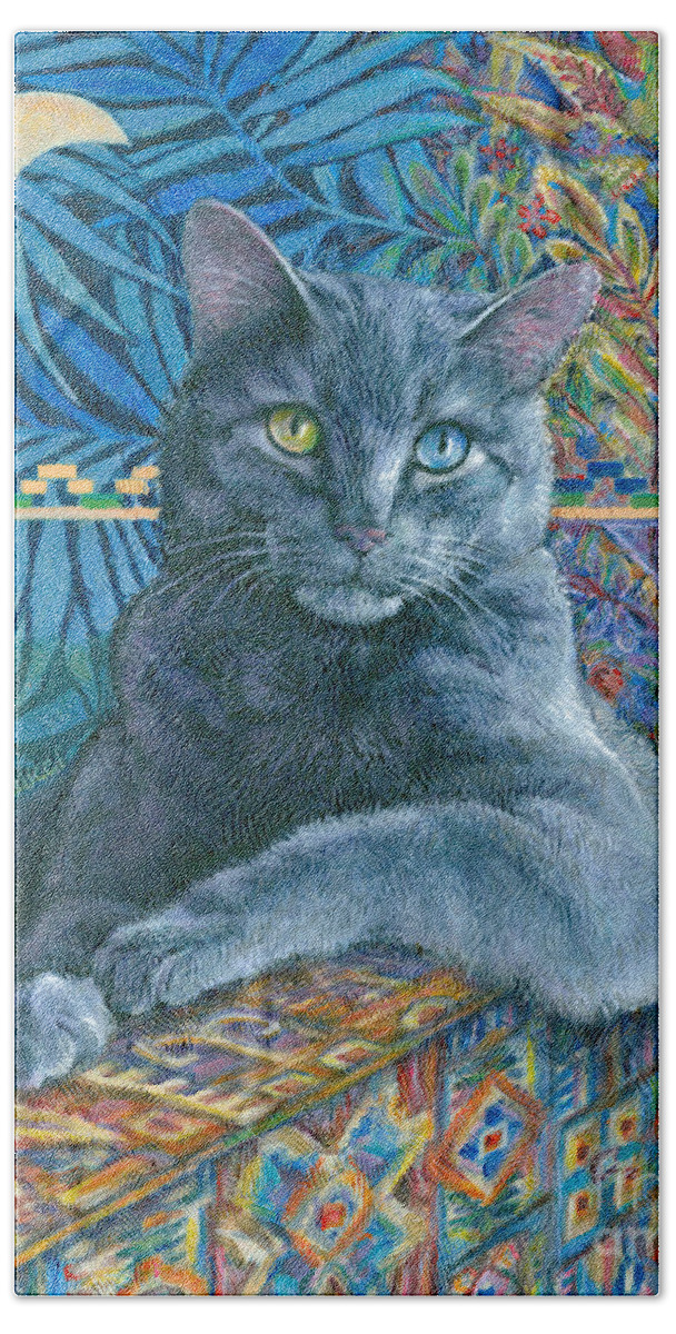 Cat Feline Moon Luna Blue Blues Colorful Portrait Ikat Gato Chat Azure Beach Sheet featuring the painting Luna Blue Cat by Jane Bucci
