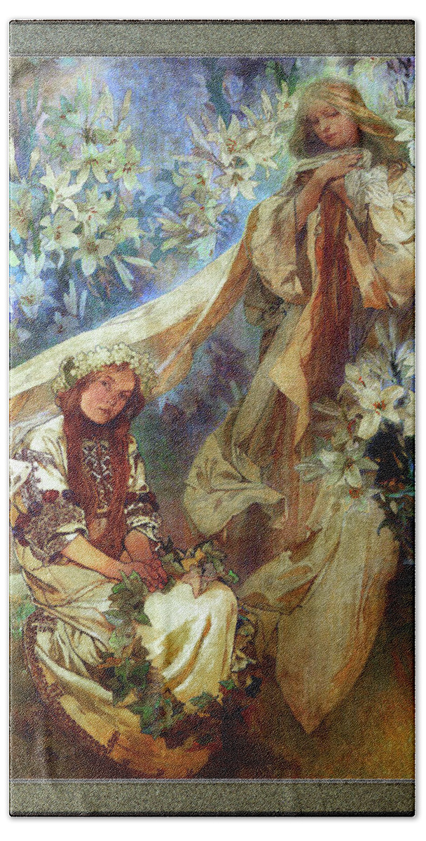 Madonna Of The Lilies Beach Towel featuring the painting Madonna of the Lilies by Alphonse Mucha by Rolando Burbon
