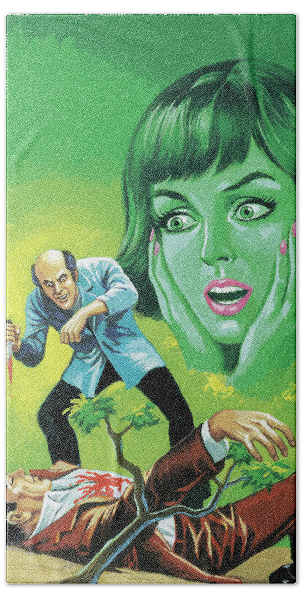 Afraid Beach Towel featuring the drawing Man Stabbing Other Man as Green Woman Watches by CSA Images
