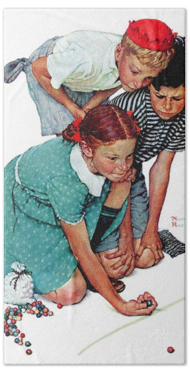 Boys Beach Towel featuring the painting Marbles Champ by Norman Rockwell