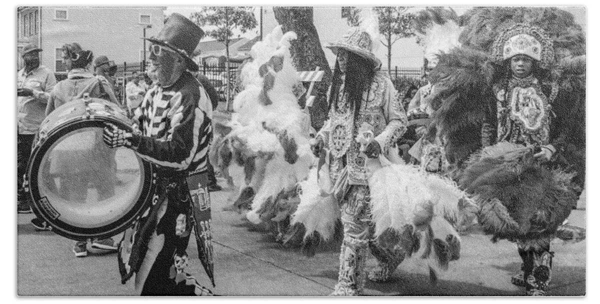 Men Beach Towel featuring the photograph Marching on Mardi Gras Indian Day - BW by Kathleen K Parker