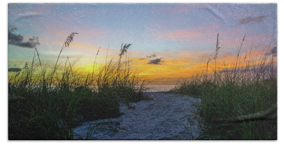 Sunset Marco Island. Sea Oats Beach Towel featuring the photograph Marco Island Sunset Oats by Joey Waves