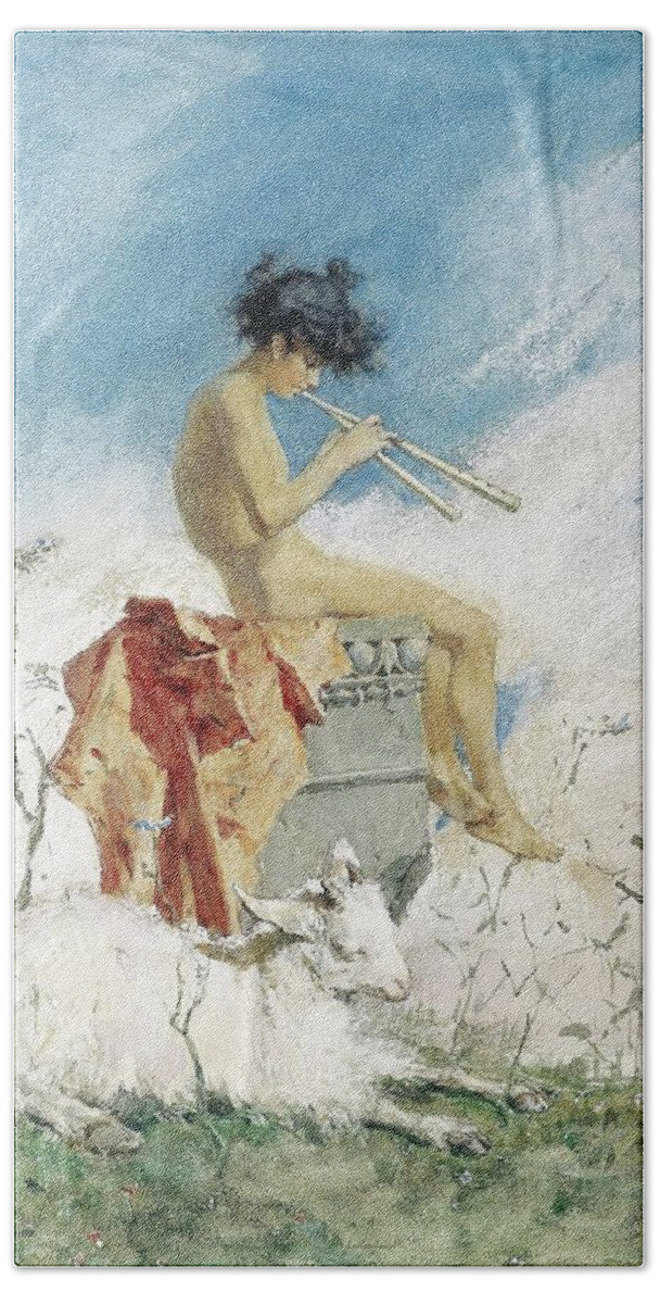 Maria Fortuny Beach Towel featuring the painting Mariano Fortuny y Marsal / 'Idyll'. 1868. Watercolour, Gouache / tempera on paper. by Mariano Fortuny y Marsal -1838-1874-