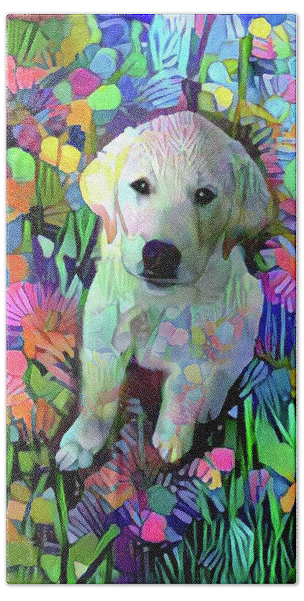 Great Pyrenees Beach Towel featuring the digital art Max in the Garden by Peggy Collins