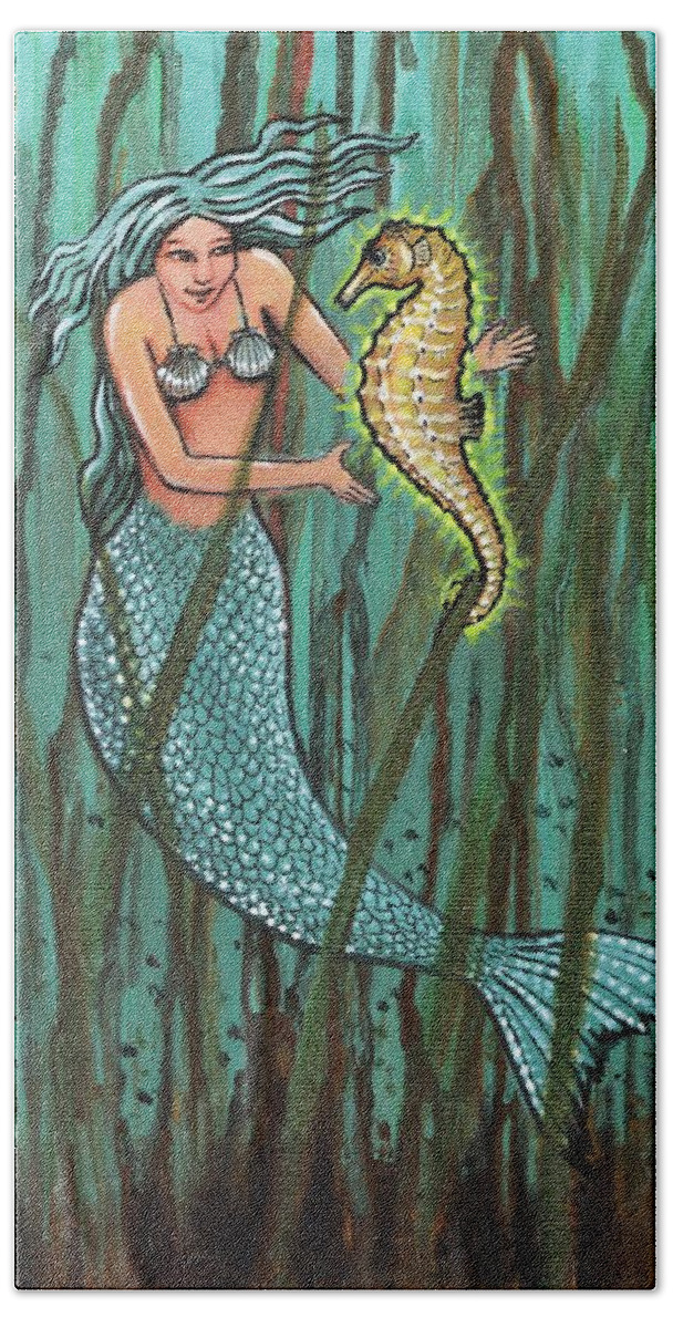 Mermaids Beach Towel featuring the painting Mermaid and the Magic Seahorse by James RODERICK