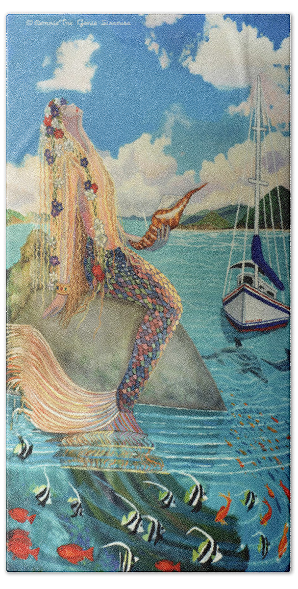 Mermaid Beach Towel featuring the painting Mermaid in Paradise Full Pillow Version by Bonnie Siracusa