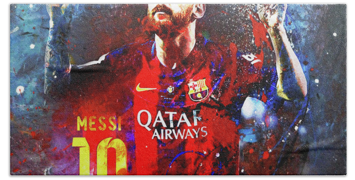 Messi Beach Towel featuring the painting Messi Barcelona Player by Gull G
