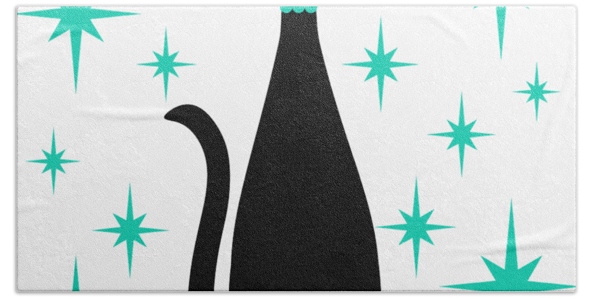 Mid Century Modern Beach Towel featuring the digital art Mid Century Cat with Aqua Starbursts by Donna Mibus