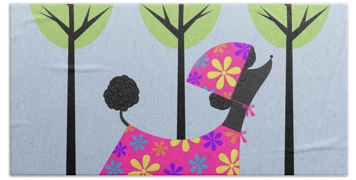 Mid Century Modern Beach Towel featuring the digital art Mid Century Modern Black Poodle Spring by Donna Mibus