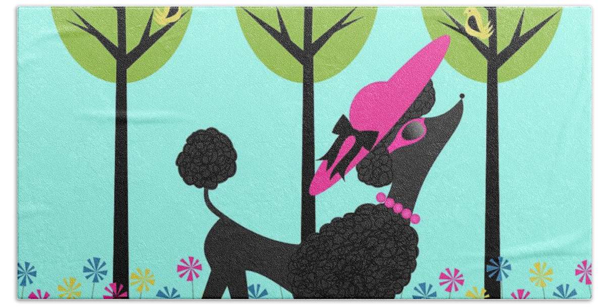 Mid Century Modern Beach Towel featuring the digital art Mid Century Modern Black Poodle Summer by Donna Mibus