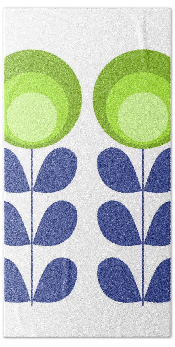 Mid Century Beach Towel featuring the mixed media Mid Century Modern Green Flowers by Naxart Studio