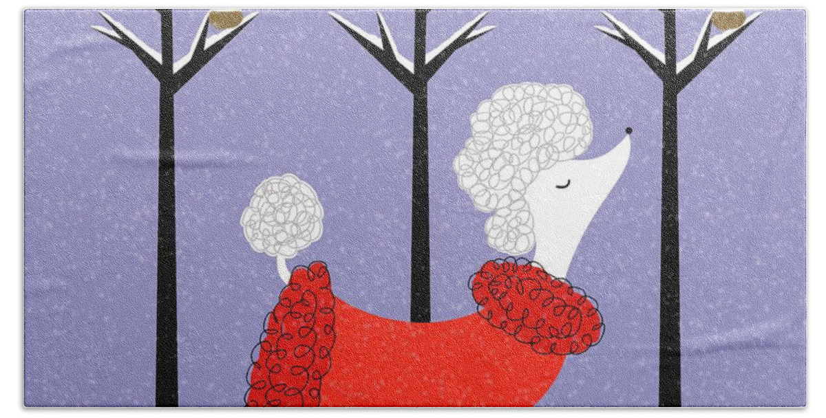 Mid Century Modern Beach Towel featuring the digital art Mid Century White Poodle Winter by Donna Mibus