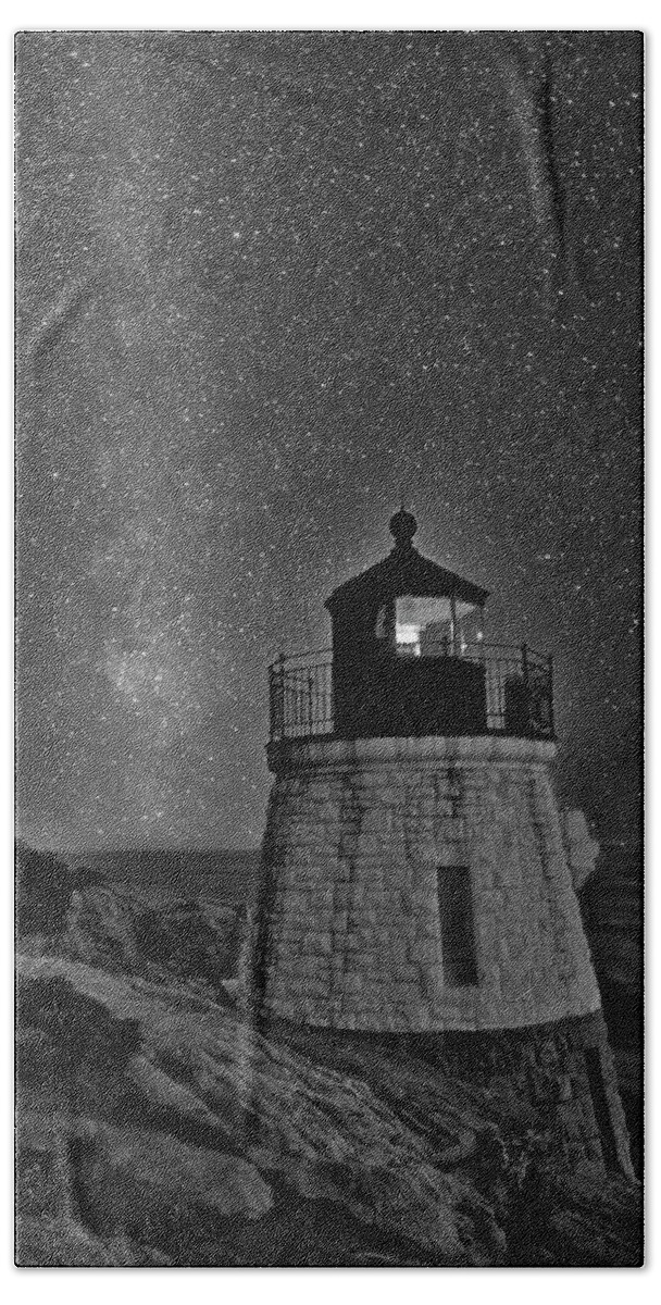 Castle Hill Light Beach Towel featuring the photograph Milky Way Rising Over Castle Hill BW by Susan Candelario