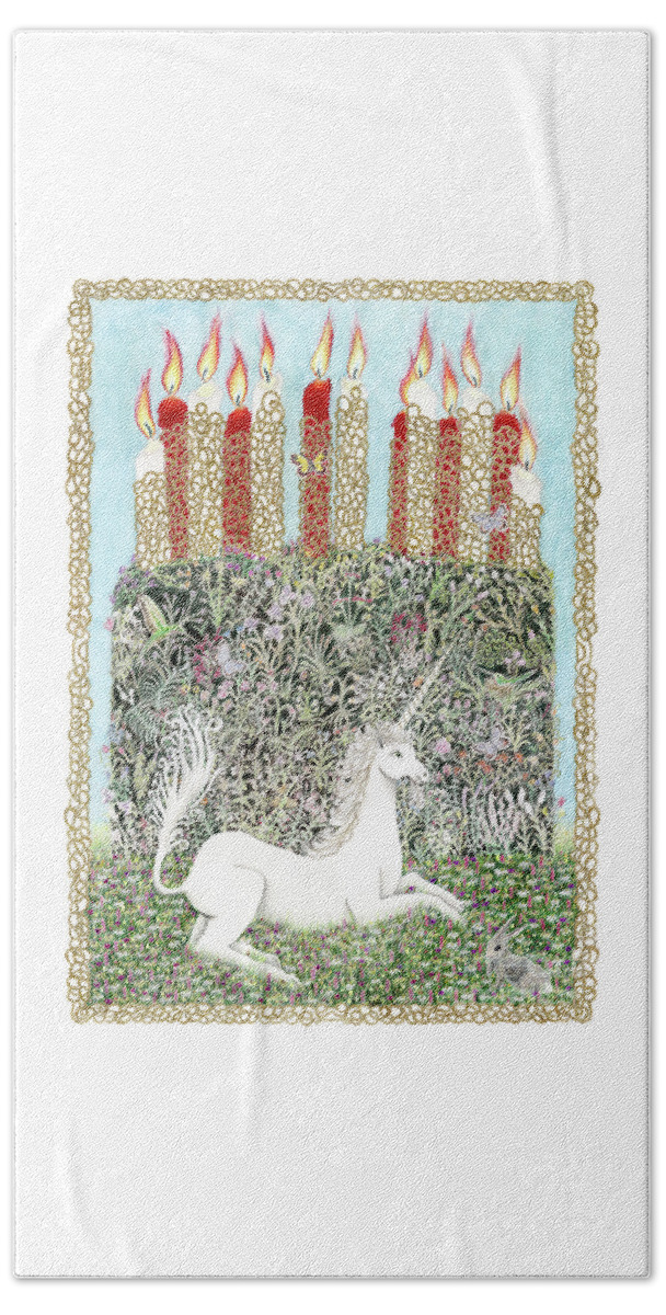 Unicorn Beach Towel featuring the drawing Millefleurs Birthday Cake with Unicorn and Rabbit by Lise Winne