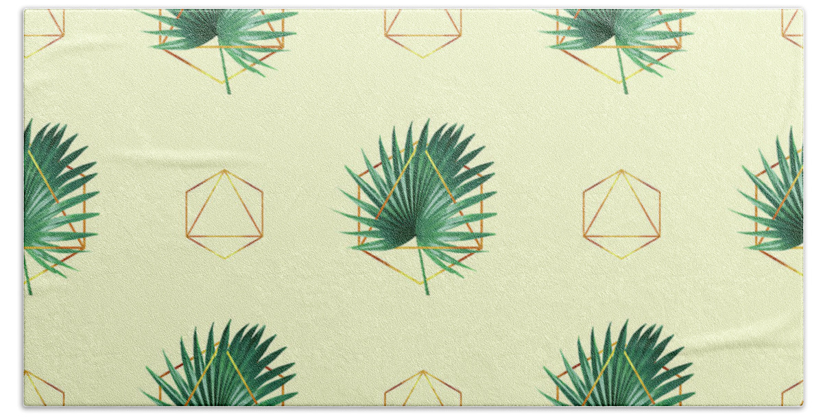 Tropical Palm Leaf Beach Towel featuring the mixed media Minimal Tropical Palm Leaf - Palm and Gold - Gold Geometric Pattern 2 - Modern Tropical Wall Art by Studio Grafiikka