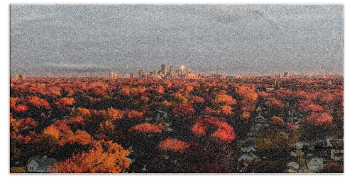 Minneapolis Sunrise Aerial Beach Towel featuring the photograph Minneapolis Sunrise in October by Glenn Galen