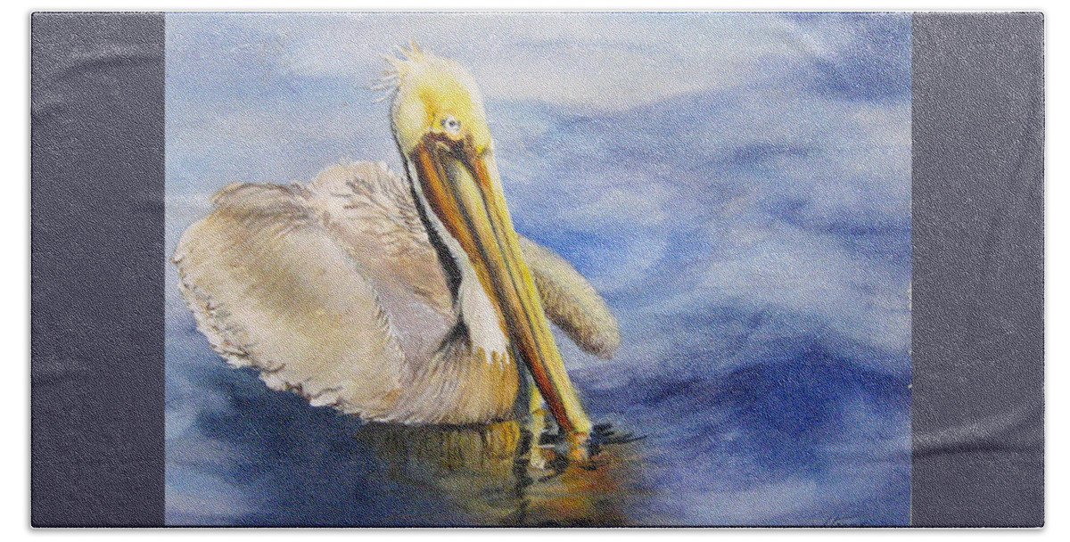 Pelican Beach Towel featuring the painting Miss. Pelican by Bobby Walters