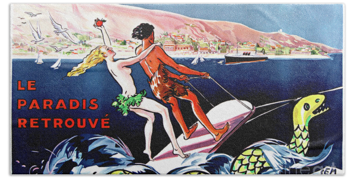 Vintage Beach Towel featuring the drawing Monte Carlo Vintage Poster Restored by Vintage Treasure