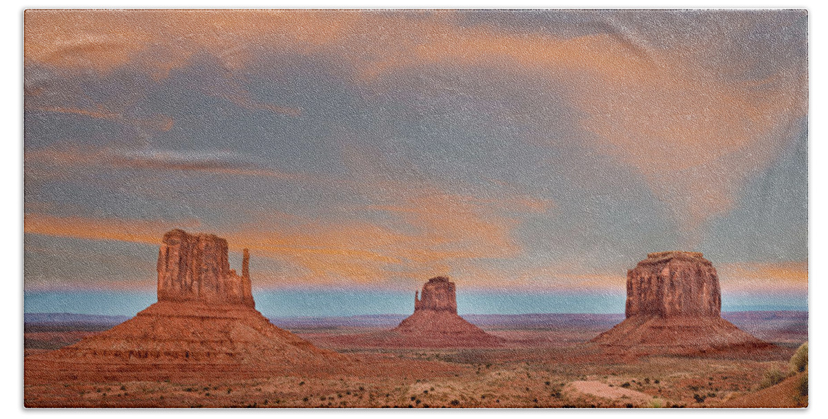 Mittens Beach Towel featuring the photograph Monument Valley Sunrise Panorama 1401 by Kenneth Johnson