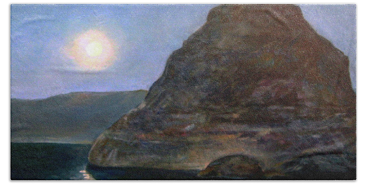 Nature Beach Sheet featuring the painting Moonlight on Pyramid Lake by Donna Tucker