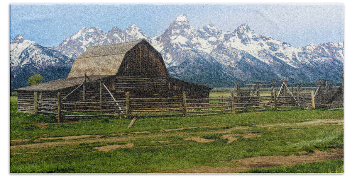 Grand Teton National Park Beach Towel featuring the photograph Barn And Mountains by Jordan Hill
