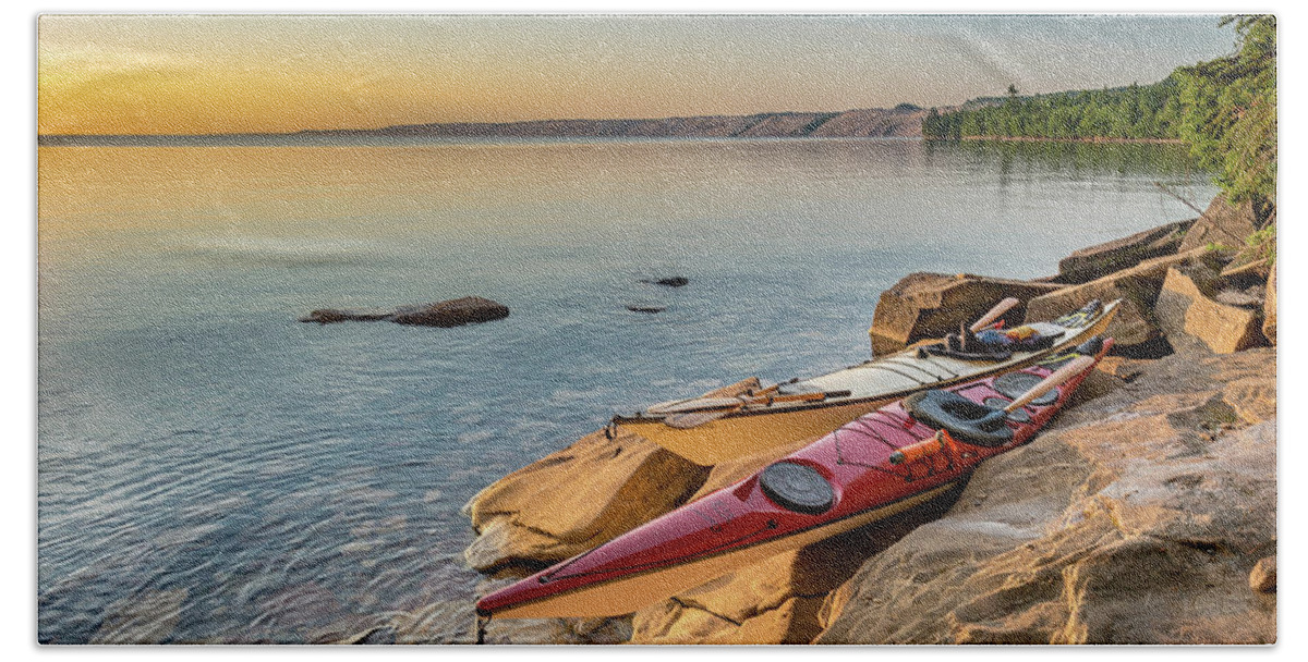 Au Sable East Beach Towel featuring the photograph Morning Kayaks by Gary McCormick
