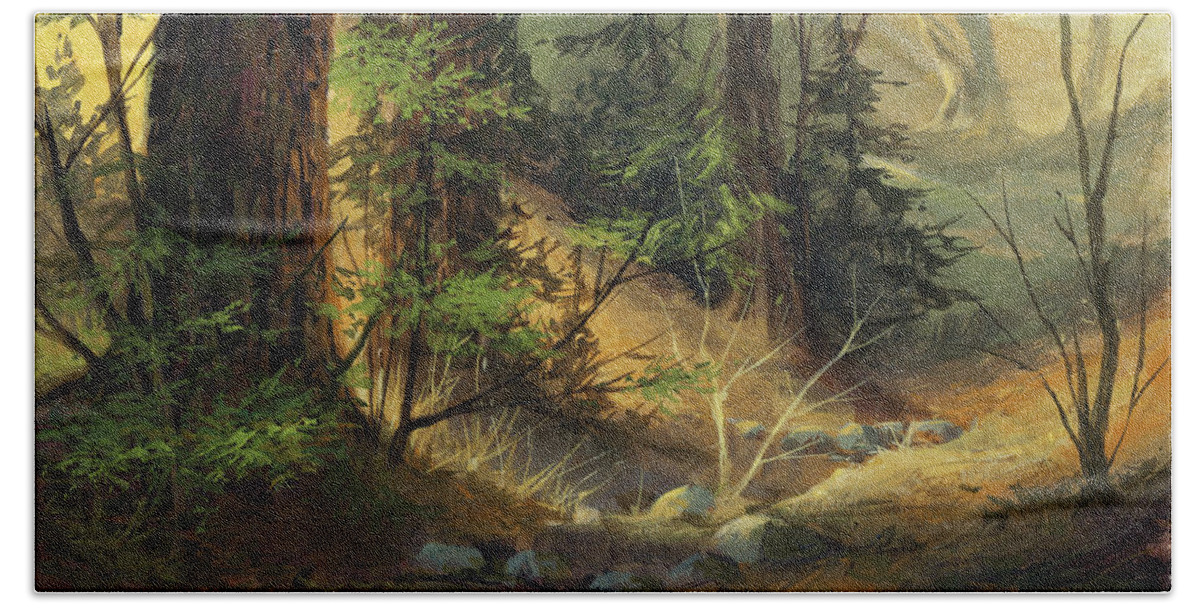 Michael Humphries Beach Towel featuring the painting Morning Redwoods by Michael Humphries