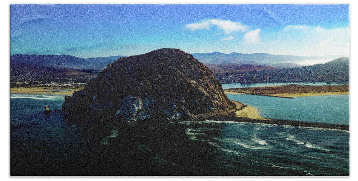 Steve Bunch Beach Towel featuring the photograph Morro Bay Rock in the morning by Steve Bunch
