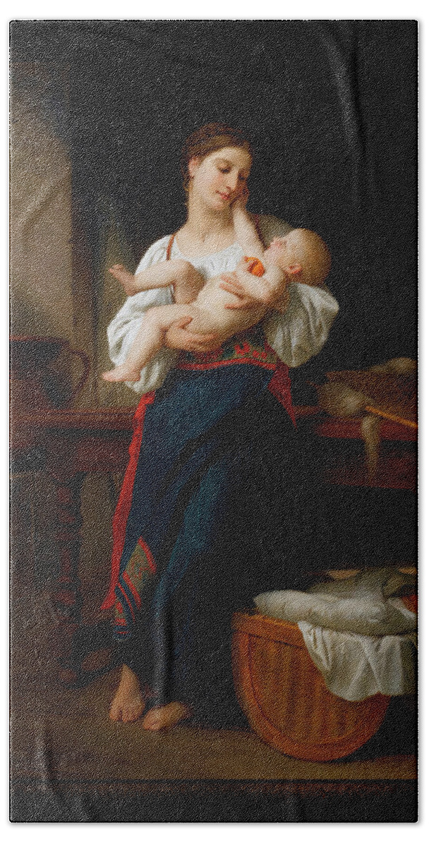 Mother And Child Beach Towel featuring the painting Mother and Child by William Adolphe Bouguereau by Rolando Burbon