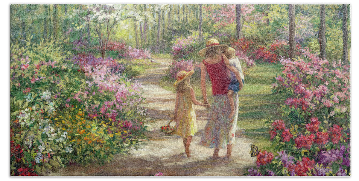 Mom And 2 Kids Beach Towel featuring the painting Mother's Day by Laurie Snow Hein