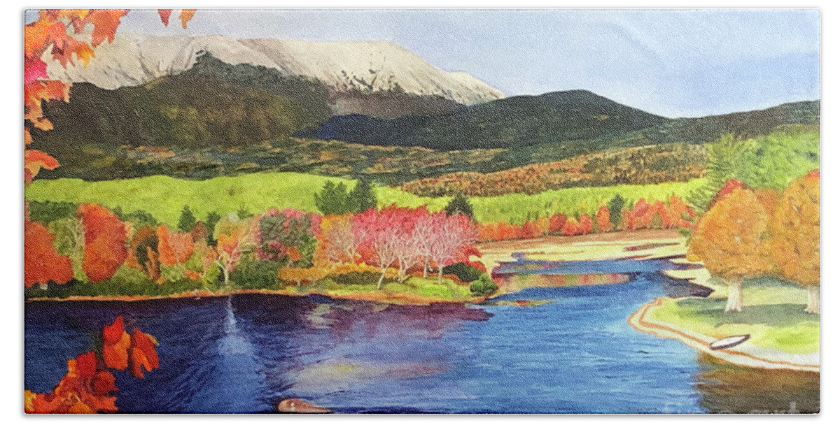 Mountain Beach Towel featuring the painting Mount Katahdin by Bonnie Young