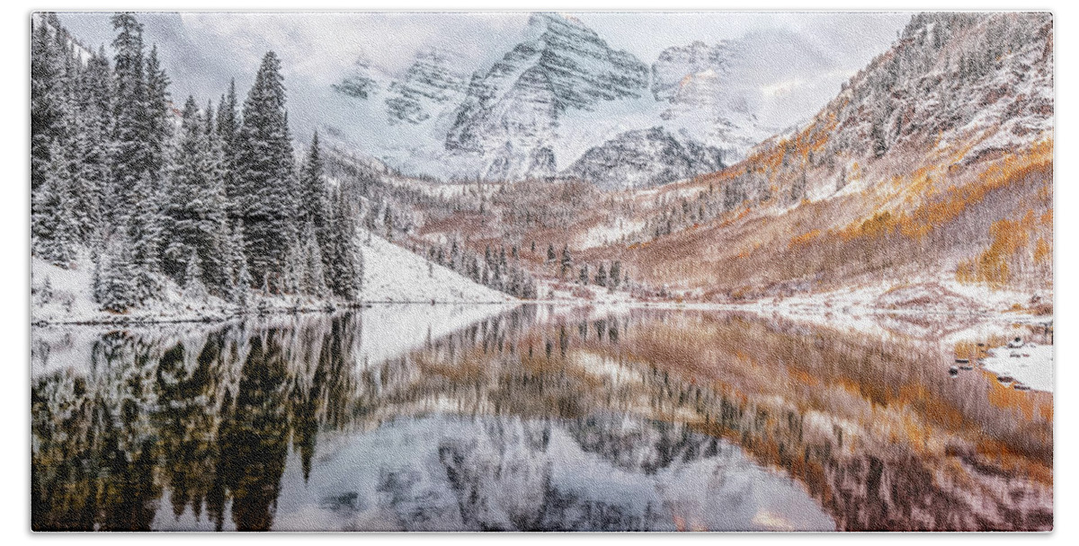 America Beach Towel featuring the photograph Mountain Landscape Reflections of Maroon Bells Colorado by Gregory Ballos