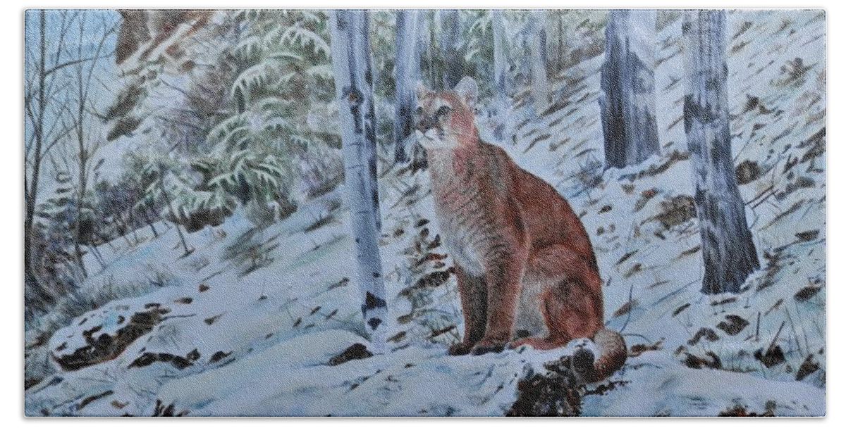 Mountain Lion Beach Towel featuring the painting Mountain Lion by John Neeve