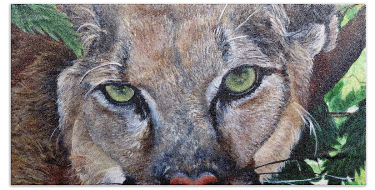 Mountain Lion Beach Towel featuring the painting Mountain Lion Portrait by Marilyn McNish