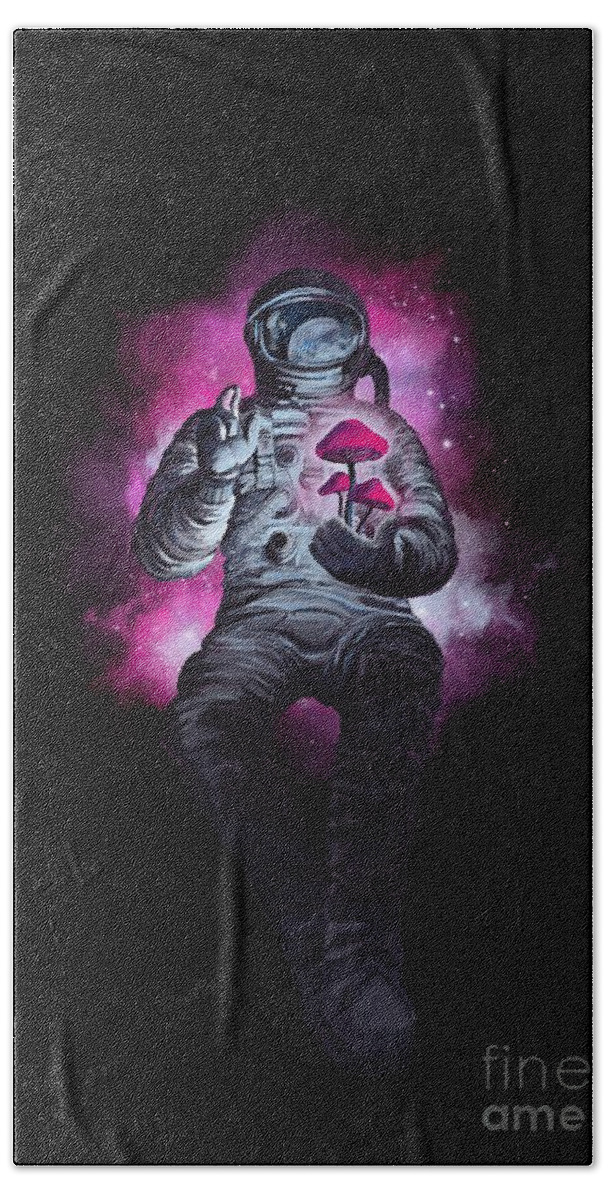 Space Travel Beach Towel featuring the painting Mushroom Cosmonaut space traveller by Sassan Filsoof