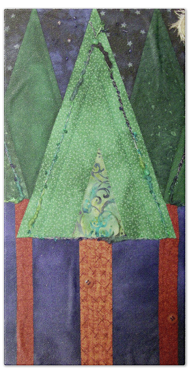 Art Quilt Beach Towel featuring the tapestry - textile My Love is a Pine Tree by Pam Geisel