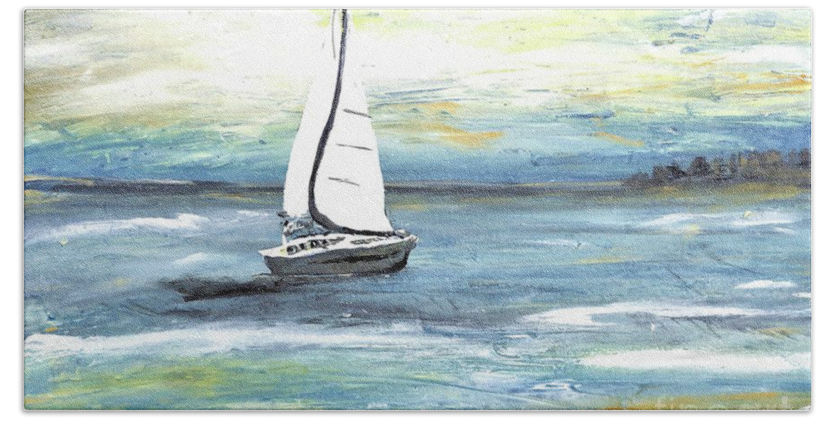 Patty Donoghue Beach Towel featuring the painting Mystery Sail by Patty Donoghue