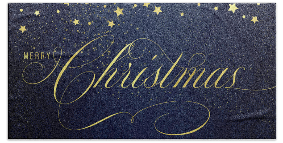 Christmas Beach Towel featuring the digital art Navy and Gold Merry Christmas Typography by Doreen Erhardt
