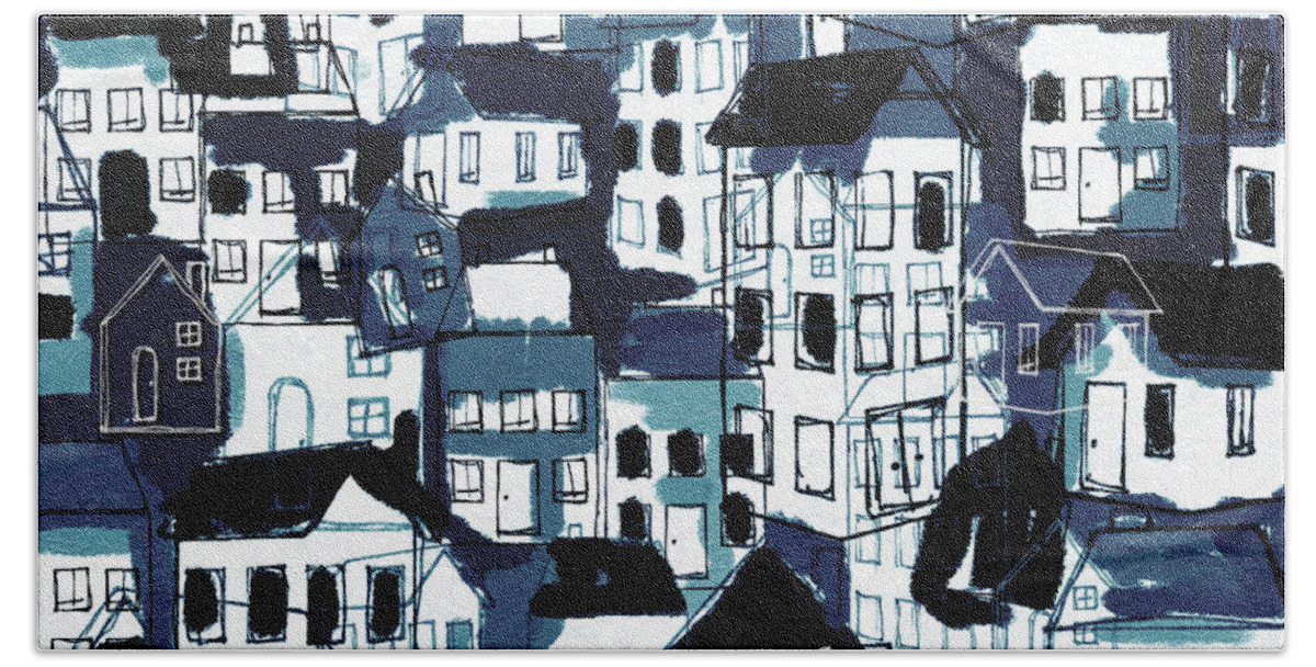 Houses Beach Towel featuring the mixed media Neighborhood Blue- Art by Linda Woods by Linda Woods