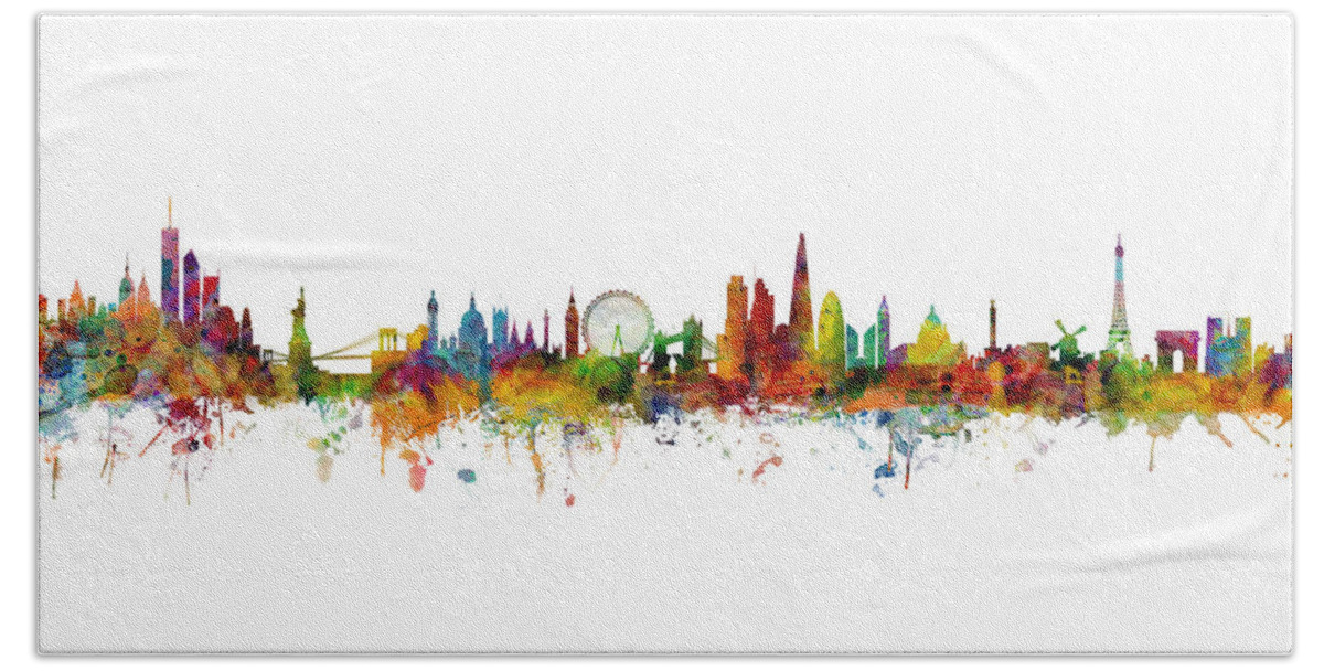 Paris Beach Towel featuring the digital art New York, London, Paris Skyline Mashup by Michael Tompsett