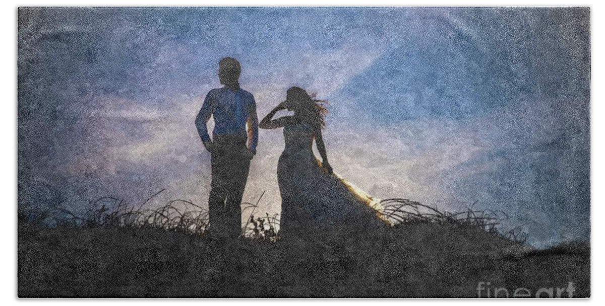 Adult Beach Towel featuring the photograph Newlywed couple after their wedding at sunset, digital art oil p by Joaquin Corbalan