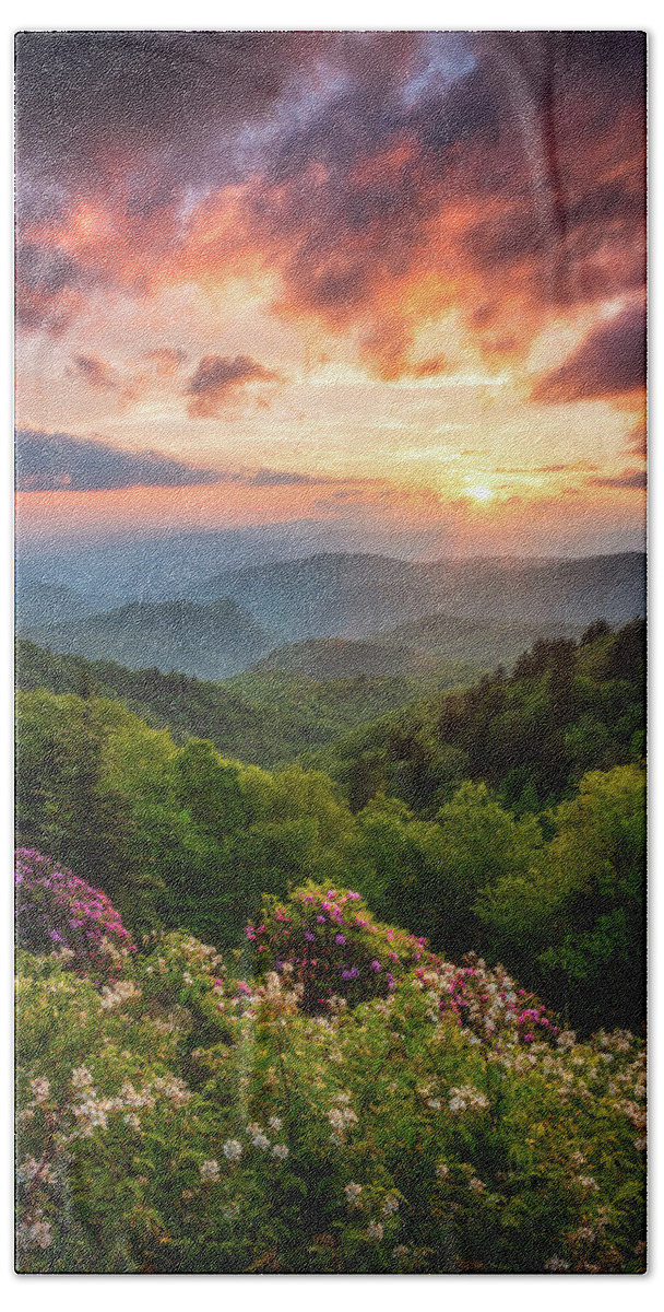 Great Smoky Mountains Beach Towel featuring the photograph North Carolina Great Smoky Mountains Sunset Landscape Cherokee NC by Dave Allen
