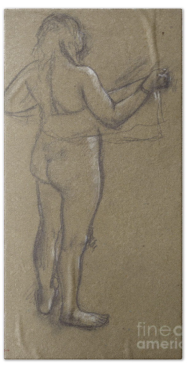 Nude Beach Towel featuring the painting Nude Woman Drying Herself, 19th Century Charcoal by Edgar Degas