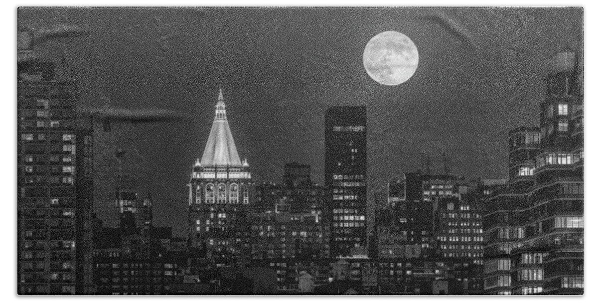 Nyc Skyline Beach Towel featuring the photograph NY Life Building Full Moon BW by Susan Candelario