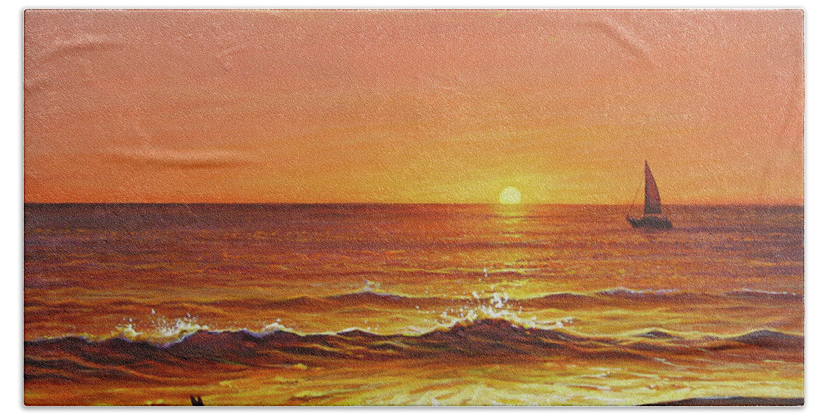 Ocean Beach Towel featuring the painting Ocean of Fire by Joe Mandrick